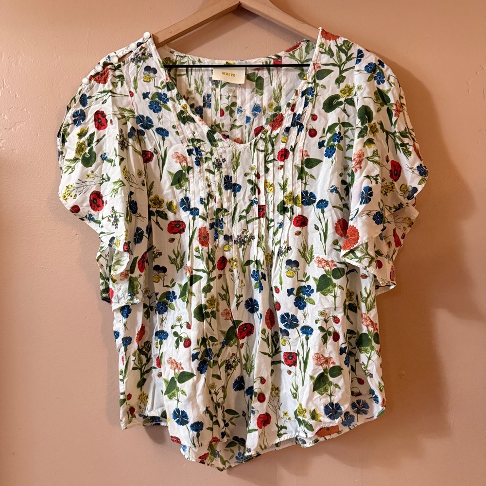 Anthropologie maeve maya wildflower floral button shoulder flutter sleeve top 0